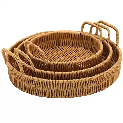 3 Pcs Rattan Serving Tray with Handles, Woven Wicker Tray Round Shallow Rattan Basket, Poly Wicker Basket Tray, Rattan Fruit Tray Cracker Boho Tray Decor for Serving Bread Vegetable Snack (Brown)