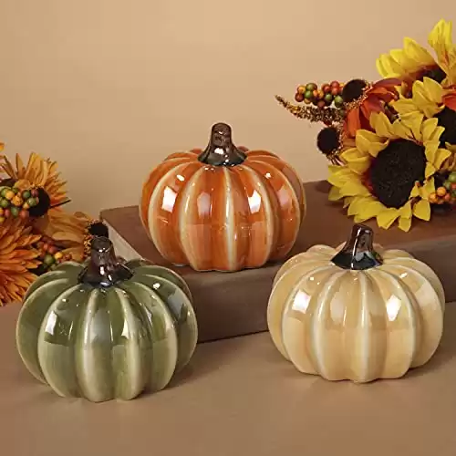 One Holiday Way 3.75-Inch Rustic Ceramic Decorative Faux Pumpkin Figurines Set of 3 – Orange, Green, Yellow Fall Farmhouse Thanksgiving, Autumn Table or Shelf Decoration – Country Harvest ...
