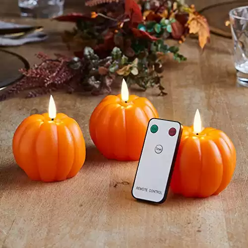 Lights4fun, Inc. Set of 3 TruGlow Pumpkin Wax Flameless LED Battery Operated Candles with Remote Control