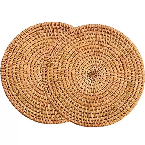 13" Natural Hand Woven Rattan Placemats for Dining Table,Decorative Heat Resistant Mats for Kitchen Coutertops,Hot Dishes,Pots and Pans,Round Diameter 35CM (Set of 2,Gold)
