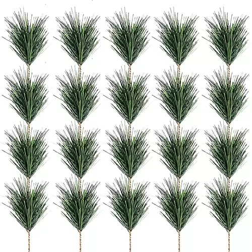 JK-GMTE 60Pcs Christmas Pine Needles Green Artificial Pine Branches Fake Greenery Pine Picks for Christmas Crafts Garland Wreath Small Pine Twigs Stems Christmas Tree Decorations