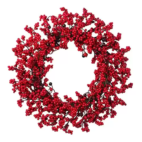 MISNODE Artificial Red Berry Wreath for Front Door, 18 Inch Christmas Berry Wreath Twig Berries Wreath, Artificial Pip Berry Wreath for Valentines Day Holiday Party Wall Window Farmhouse Home Decor