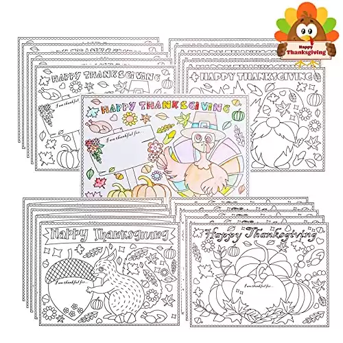 Thanksgiving Coloring Placemats for Kids(20 Sheets). Fall Activity Thanksgiving Crafts Paper Mats Set for Party, Color Your Own Autumn Mats for Thankful, Designed Turkey Pumpkin Gnome and Squirrel
