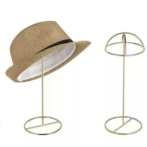 MyGift 14-Inch Brass-Tone Metal Wire Hat Holder Display Stand, Tabletop Wig, Toupee, Cowboy Hat, Fedora Rack, Set of 2